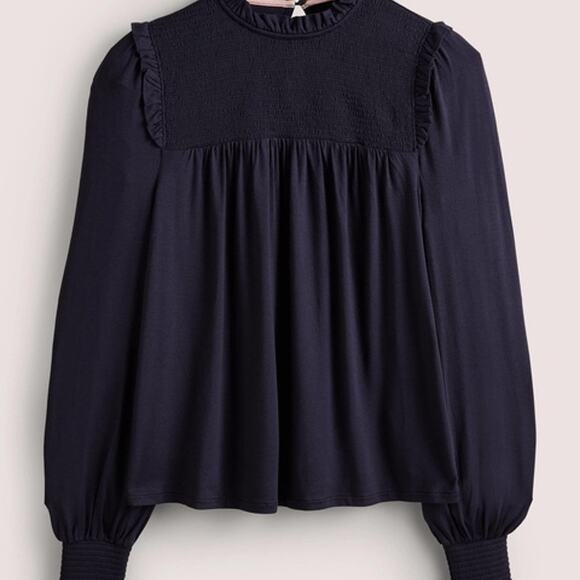 Boden Navy Blue Long Sleeve Blouse Ruffle Smock High Neck - Picture 3 of 11